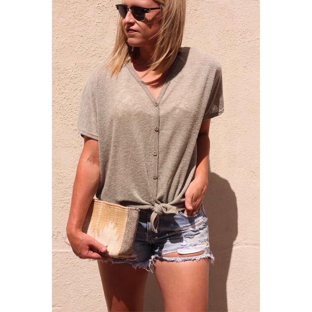 MOD Boutique Ribbed Front Tie Button Up Top